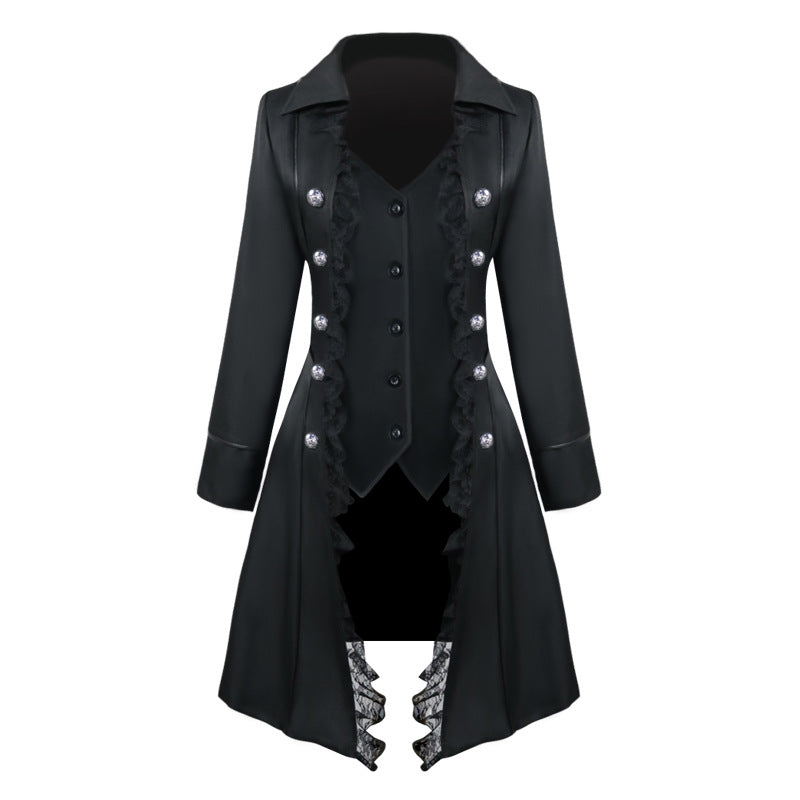 Women's Medieval Formal Tailcoat Mid-century Solid Sleeve Three-breasted Lace-edged Skirt
