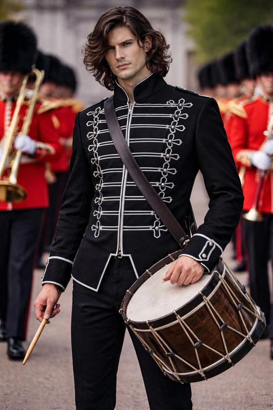 Mens Steampunk Drummer Costume Gothic Medieval Military Band Cosplay Outfit