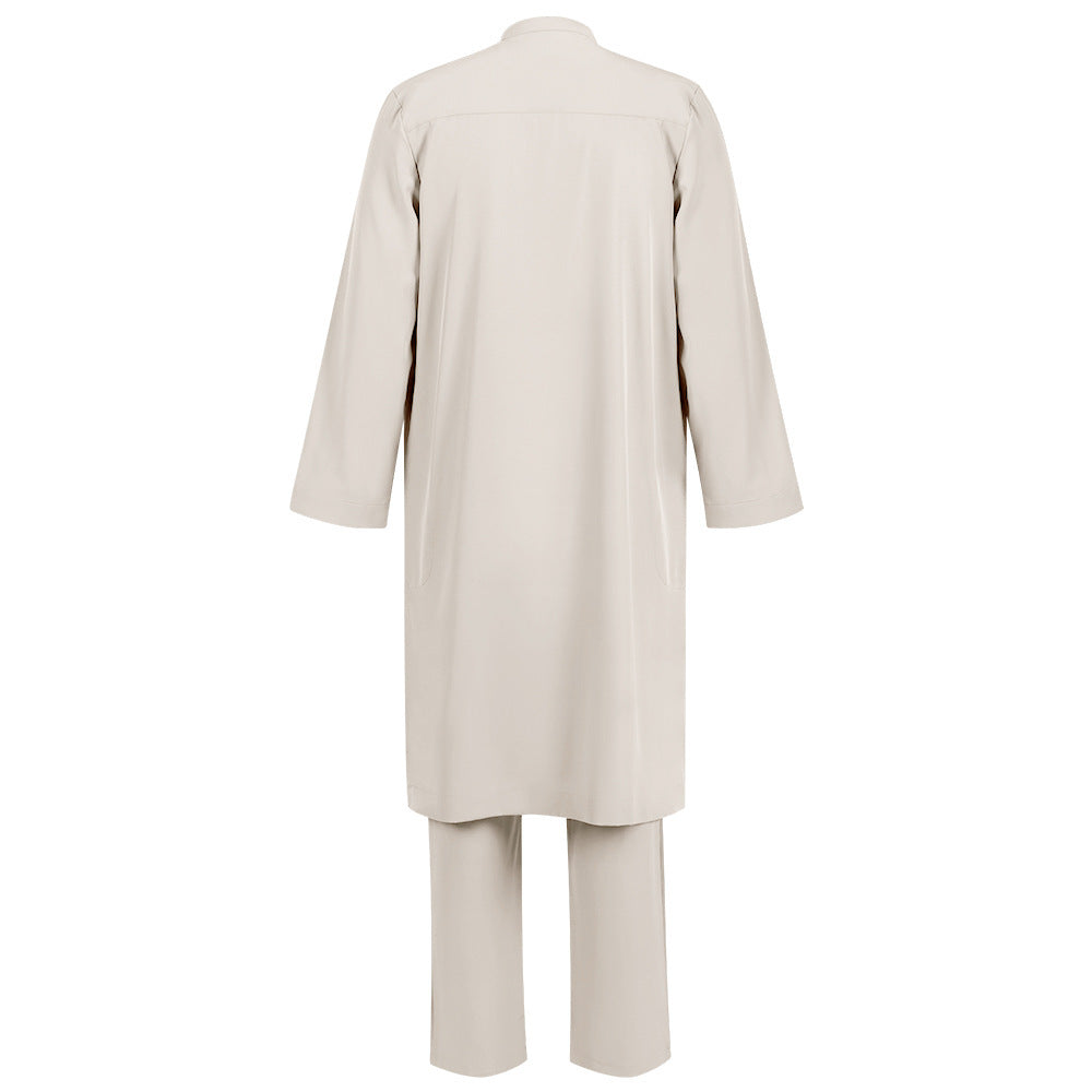 Men's Islamic Thobe Jubba Kandura Set with Sirwal Pants – Traditional Middle Eastern Muslim Robe Outfit Bisht