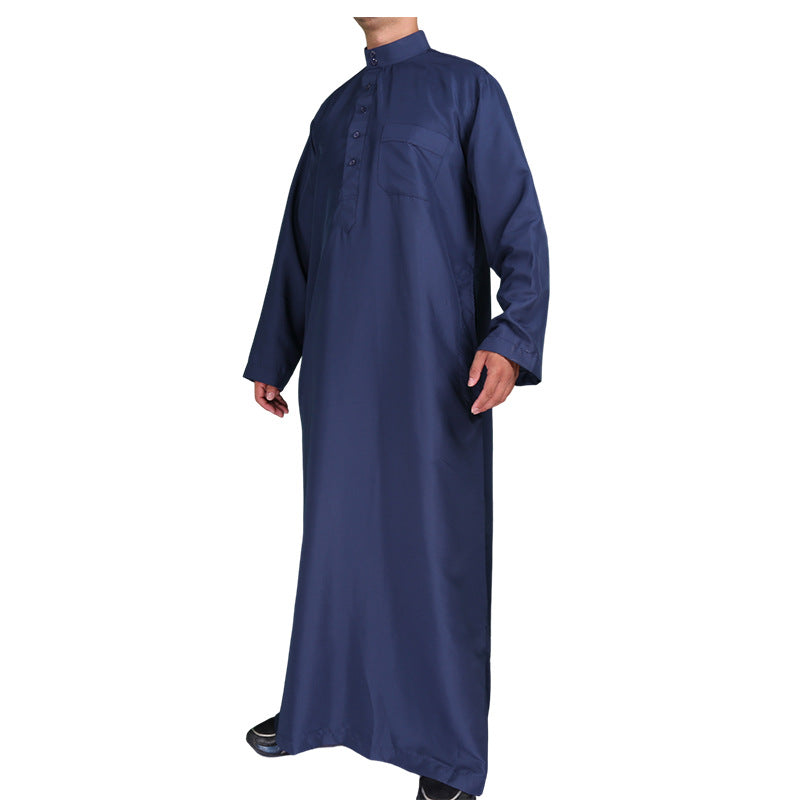 Mens Muslim Clothing Saudi Arab Long Sleeve Thobe Islamic Jubba Kaftan Long Robe Dark Blue Bisht