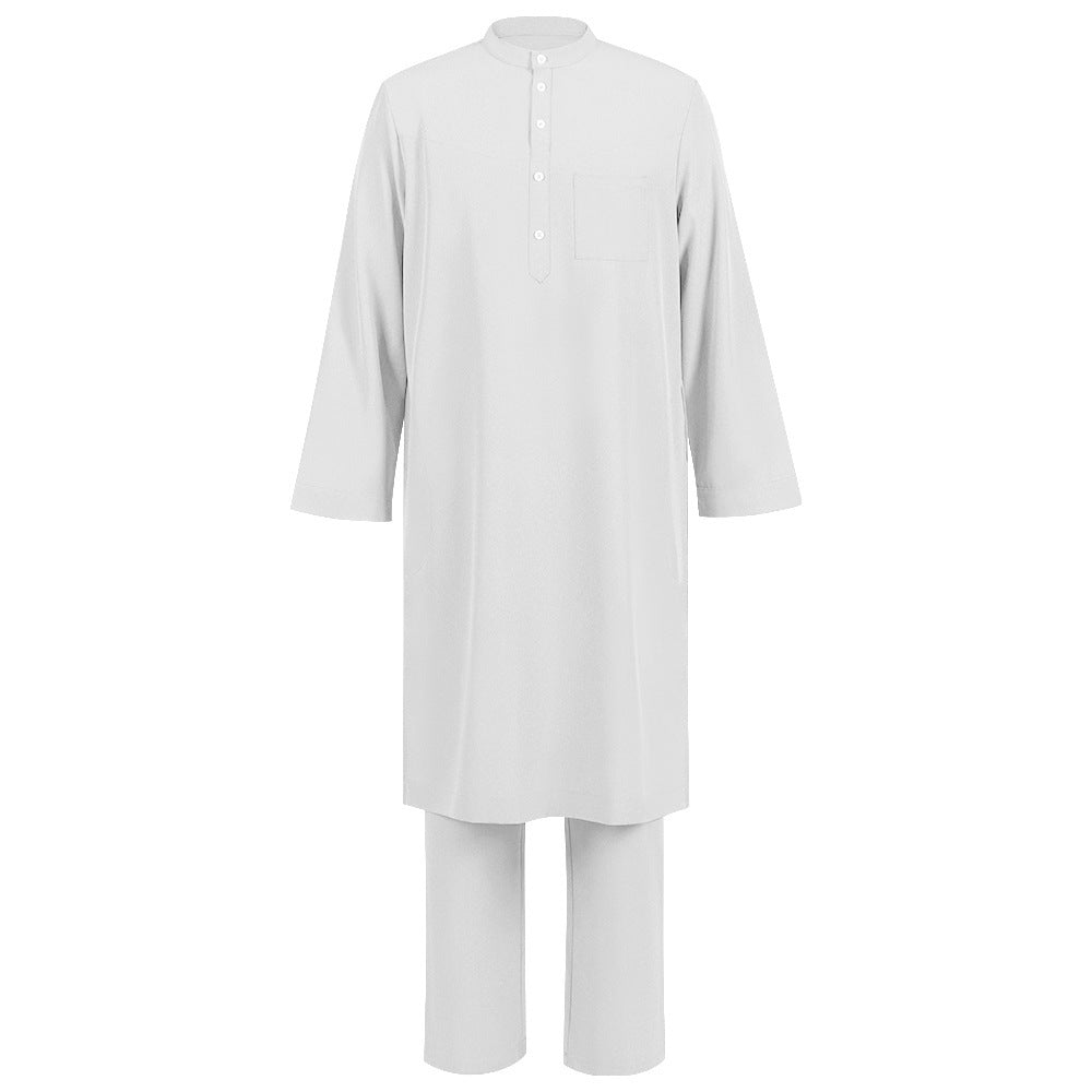 Men's Islamic Thobe Jubba Kandura Set with Sirwal Pants – Traditional Middle Eastern Muslim Robe Outfit Bisht