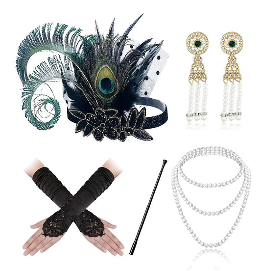 5-Piece Blue Flapper Costume Kit – 1920s Gatsby Accessories