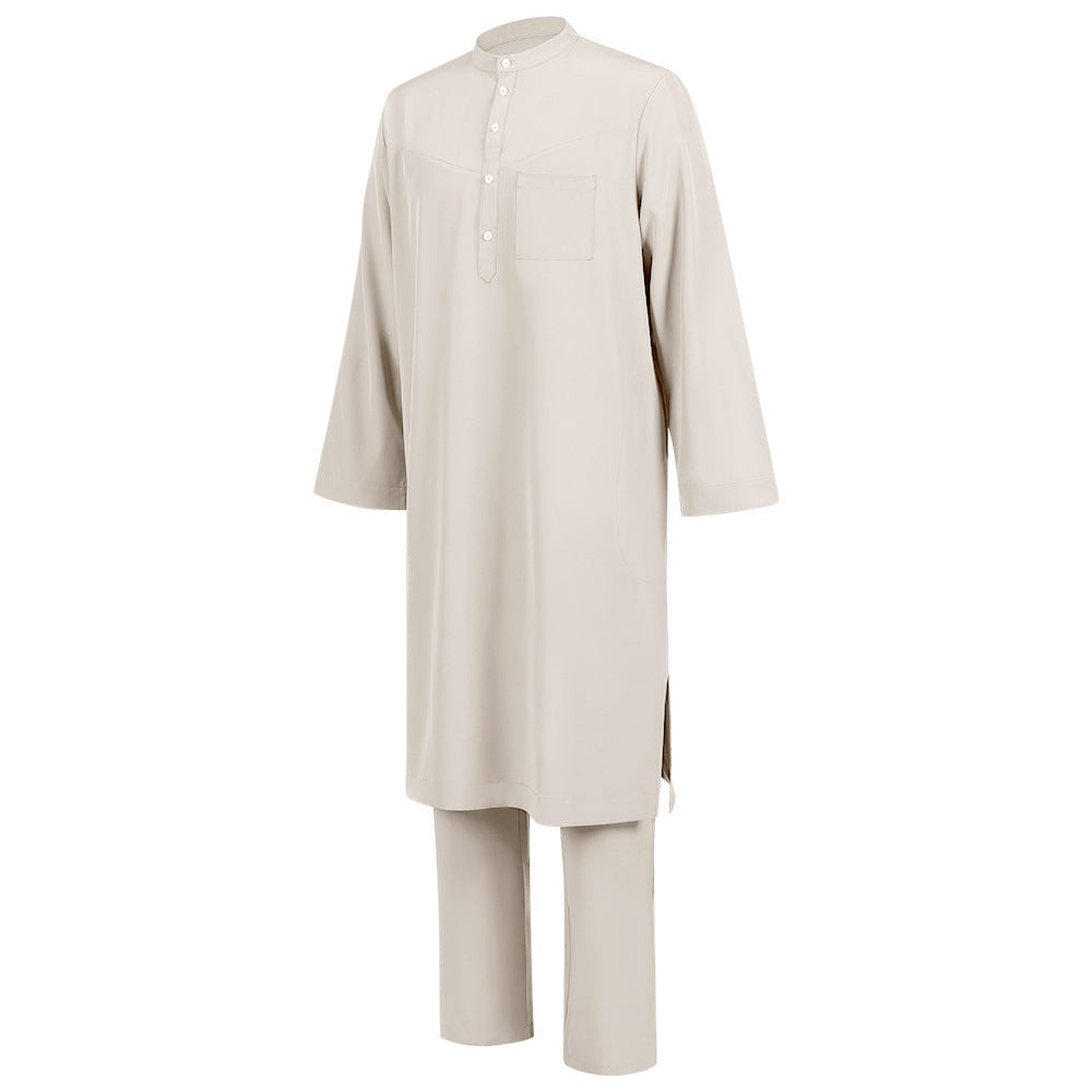 Men's Islamic Thobe Jubba Kandura Set with Sirwal Pants – Traditional Middle Eastern Muslim Robe Outfit Bisht