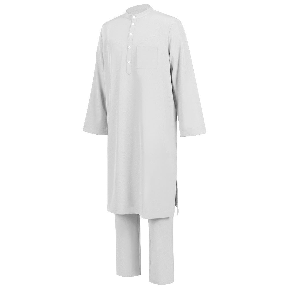 Men's Islamic Thobe Jubba Kandura Set with Sirwal Pants – Traditional Middle Eastern Muslim Robe Outfit Bisht