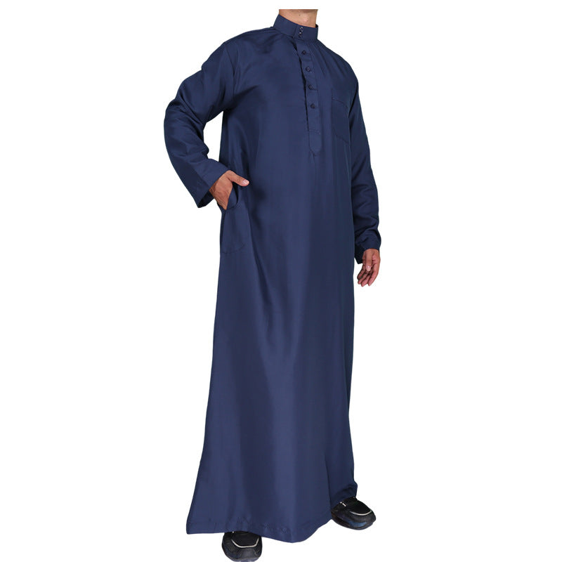 Mens Muslim Clothing Saudi Arab Long Sleeve Thobe Islamic Jubba Kaftan Long Robe Dark Blue Bisht