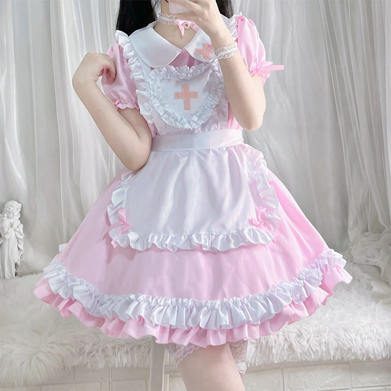 Japanese Anime Soft Girl Lolita Sky Blue Cross Maid Cosplay Dress