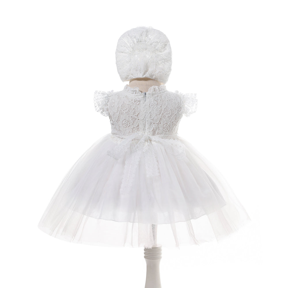 White lace dress with matching headband on a white background for Full Month, Birthday, Christening or Special Occasions – Soft Cotton Lined Outfit MEEJOY
