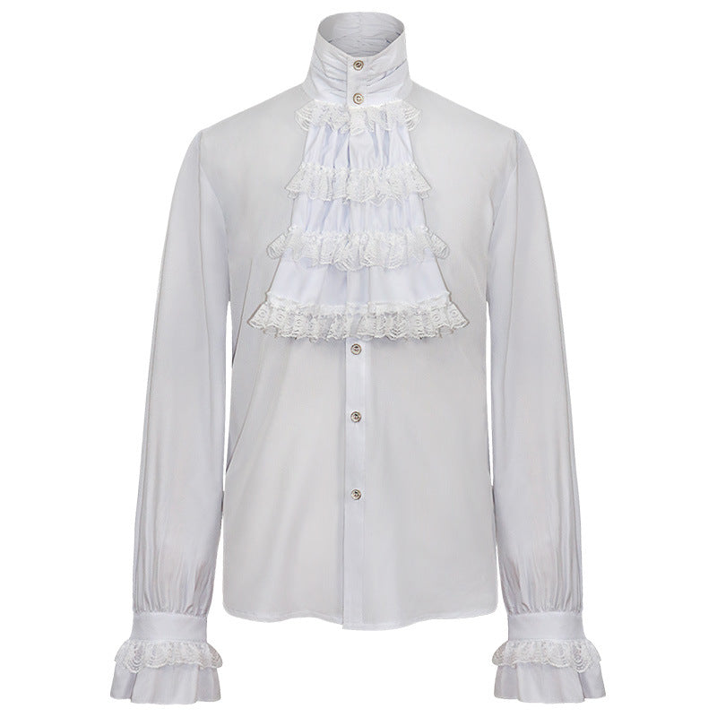 Gothic Ruffle Stand-up Collar Long Sleeve Men's Shirt with Tie - Elegant and Stylish Regency Era