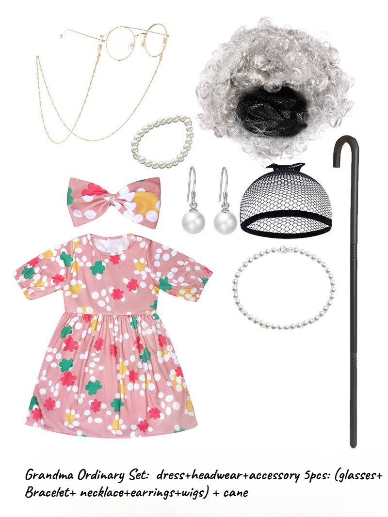 Kids Old Person Costume Set Grandma Grandpa School Reading Day Party
