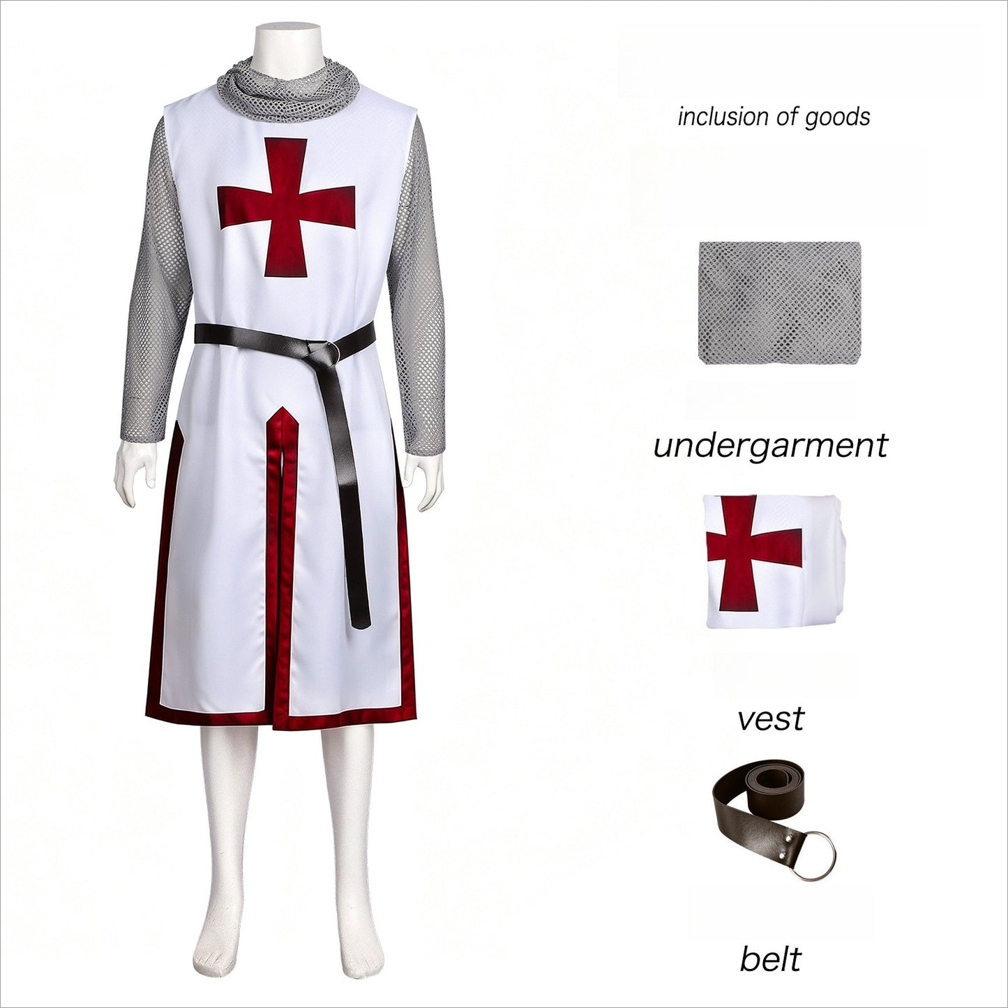 Medieval Knight Costume Mens Hooded Chainmail Look Shirt Halloween LARP Cosplay