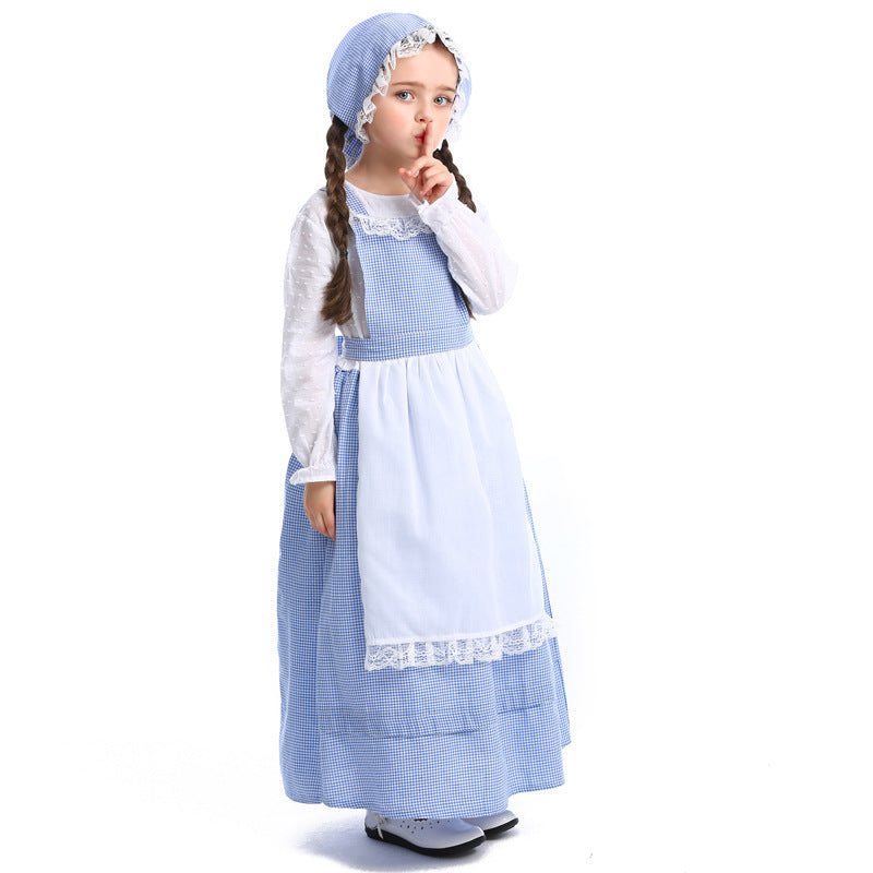 Kids Colonial Farm Girl Costume Blue Check Dress Apron Bonnet Outfit Dress