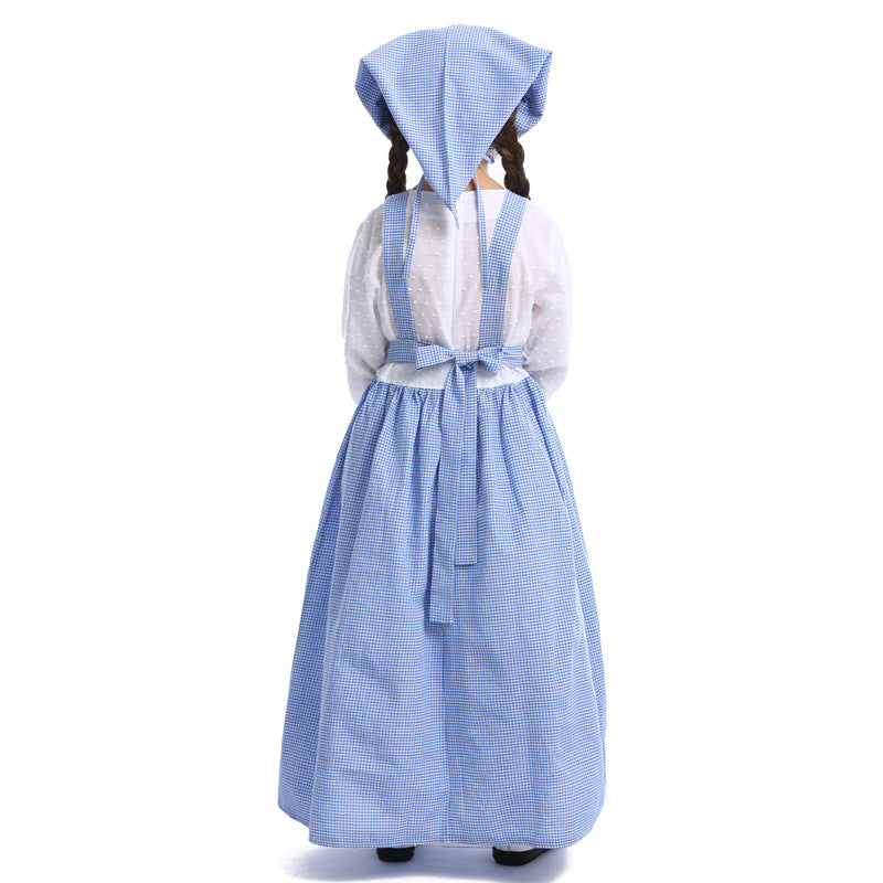 Kids Colonial Farm Girl Costume Blue Check Dress Apron Bonnet Outfit Dress
