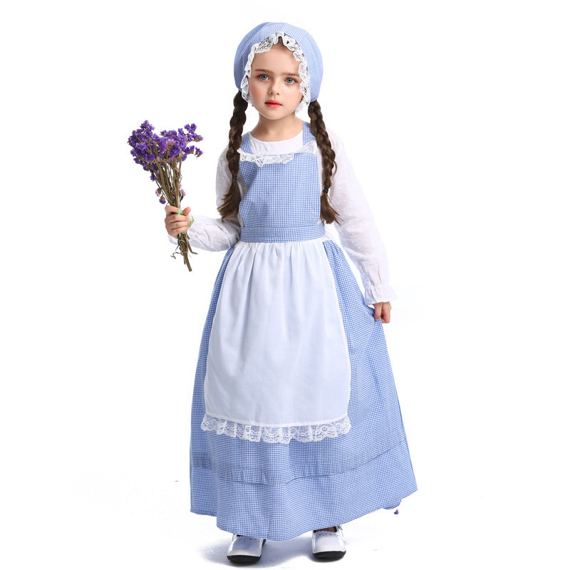 Kids Colonial Farm Girl Costume Blue Check Dress Apron Bonnet Outfit Dress