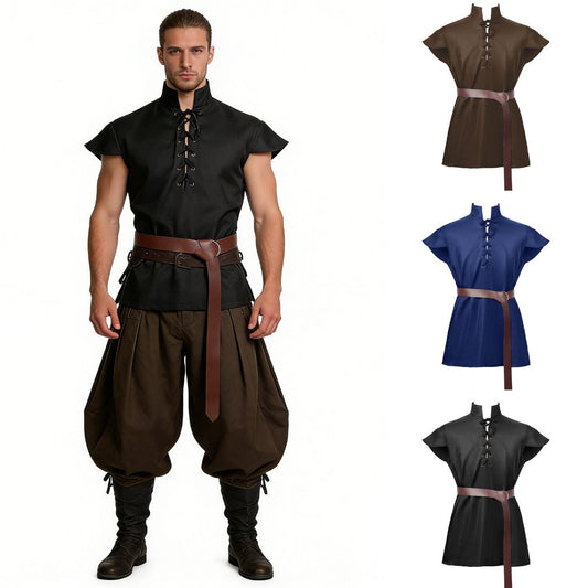 Mens' Medieval Renaissance Viking Tunic with Belt Barbarian Tops Halloween Costume