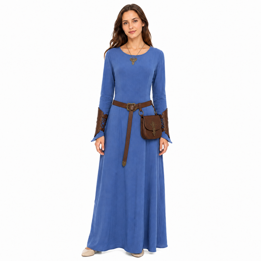 Womens Vintage Round Neck Maxi Dress Long Sleeve Renaissance Costume S-5XL