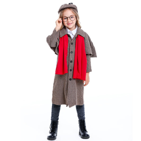 Child Detective Costume Boys Girls Book Week Cosplay Coat + Hat + Glasses