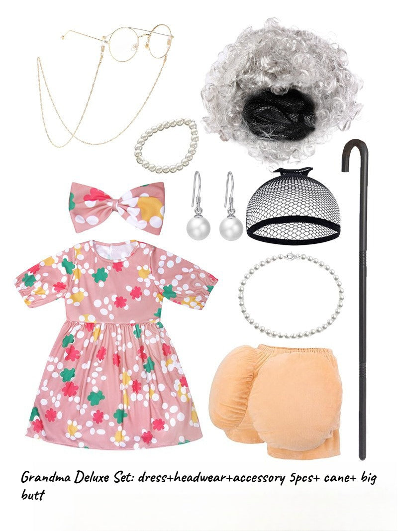 Kids Old Person Costume Set Grandma Grandpa School Reading Day Party