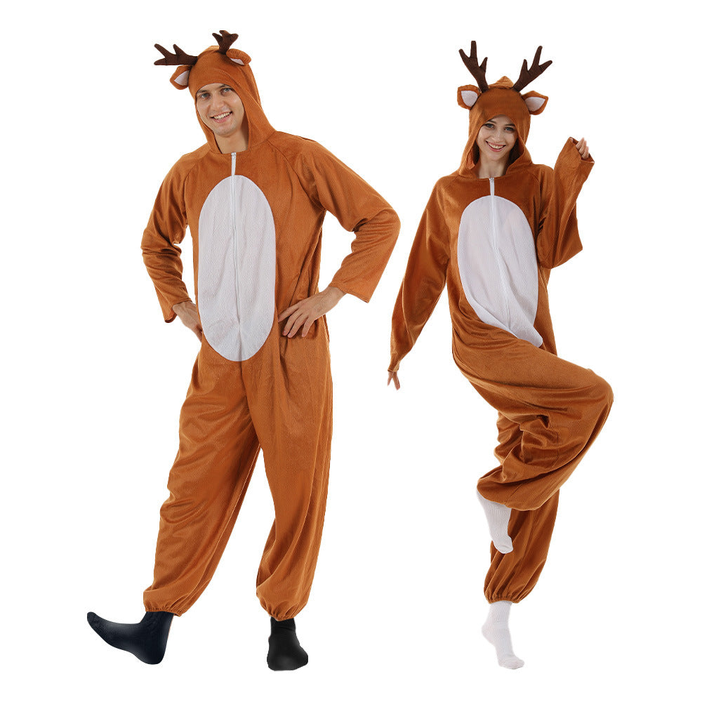 Christmas Reindeer Onesie Costume for Adults Funny Elk Pajamas Couple Family Outfit