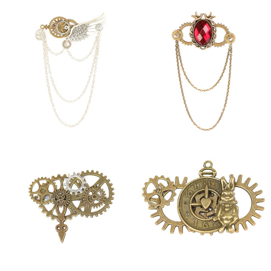 Steampunk Gear Wing Brooch Victorian Gothic Chain Lapel Pin Cosplay Accessory