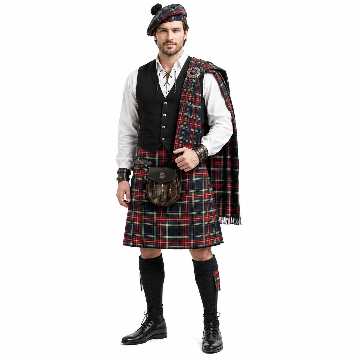 Mens Scottish Kilt Plaid Pleated Skirt Tartan Utility Costume Holiday Dress
