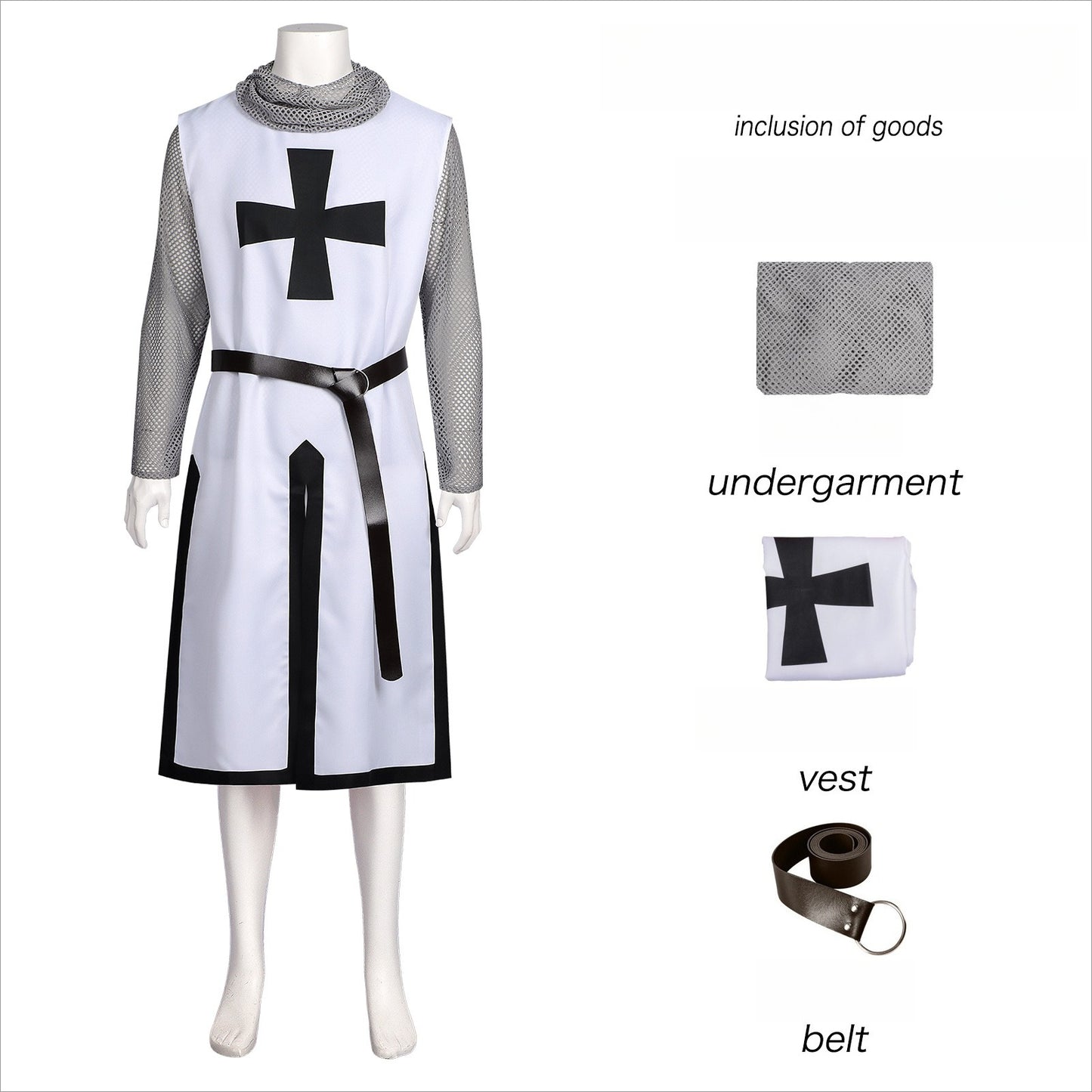 Medieval Knight Costume Mens Hooded Chainmail Look Shirt Halloween LARP Cosplay