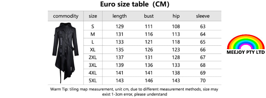 Mens Steampunk Trench Coat Gothic Long Cosplay Black Jacket Halloween Costume