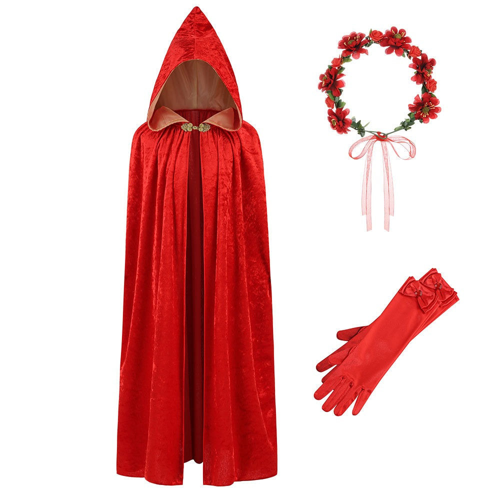Kids Red Riding Hood Cloak Christmas Hooded Velvet Cape Fairy Tale Costume