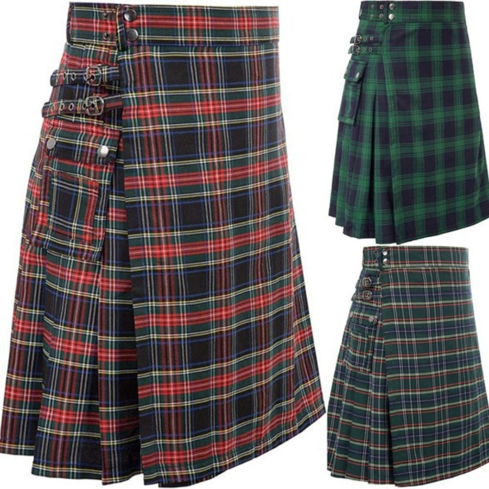 Mens Scottish Kilt Plaid Pleated Skirt Tartan Utility Costume Holiday Dress