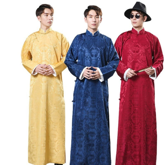 Mens Chinese Changshan Long Gown Groomsman Wedding Host Performance Robe