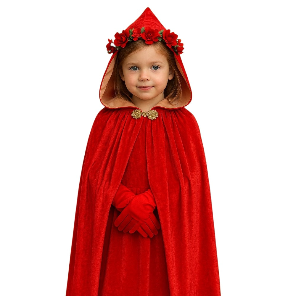 Kids Red Riding Hood Cloak Christmas Hooded Velvet Cape Fairy Tale Costume