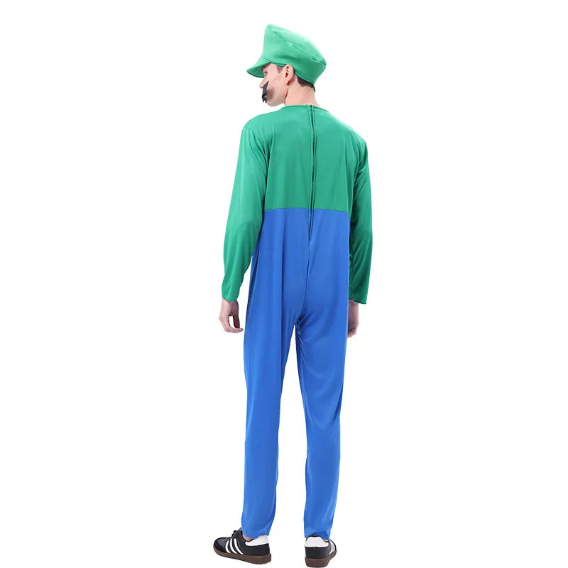 Family Bros Costume Set Adults Kids Game Theme Jumpsuit Hat Mustache