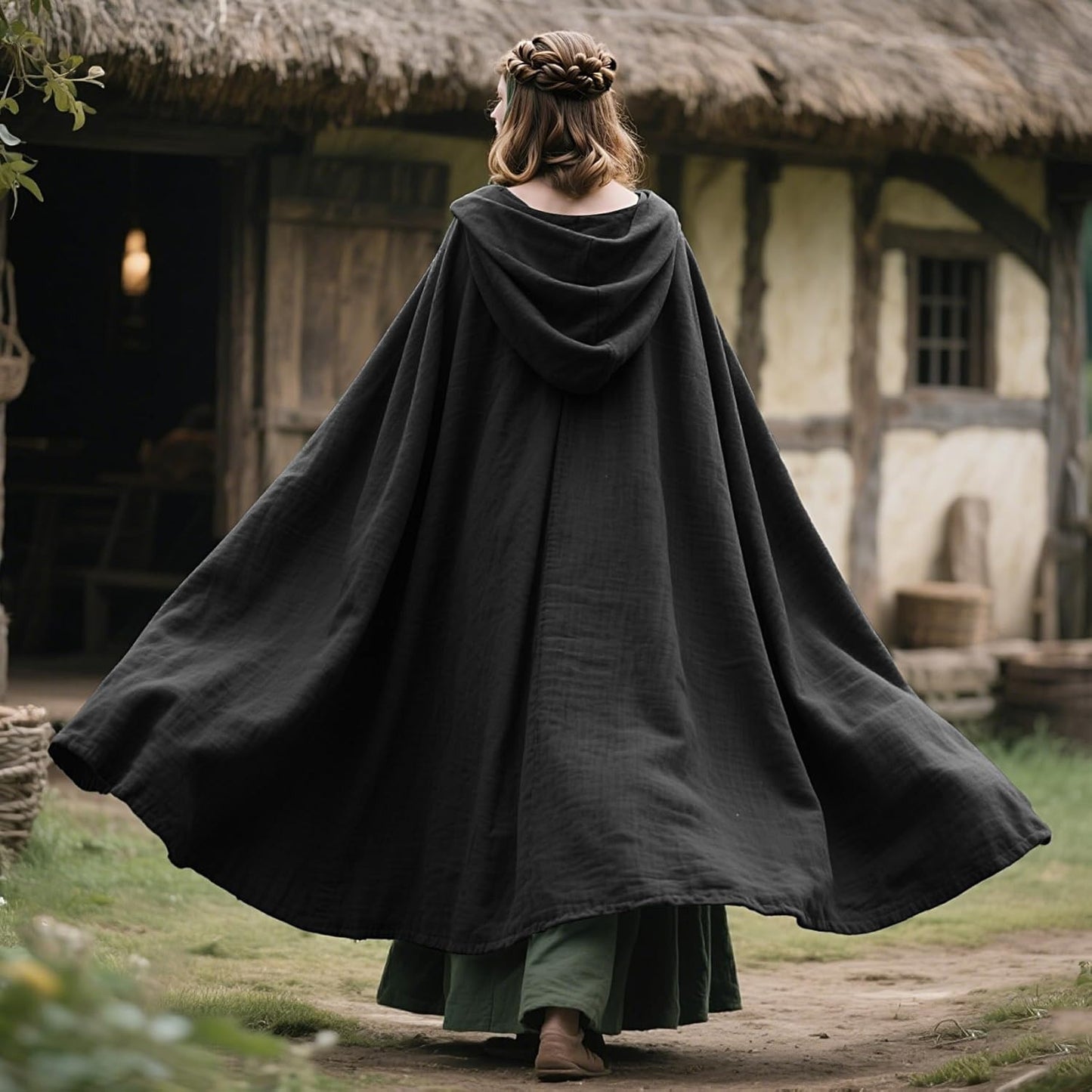 Medieval Ranger Cape Hooded Cloak Linen Shawl LARP Halloween Costume