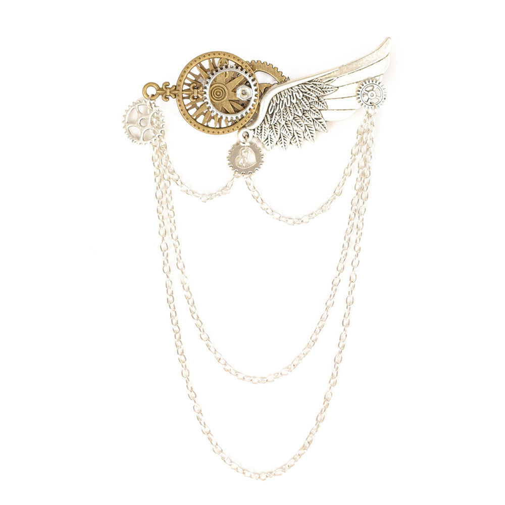 Steampunk Gear Wing Brooch Victorian Gothic Chain Lapel Pin Cosplay Accessory