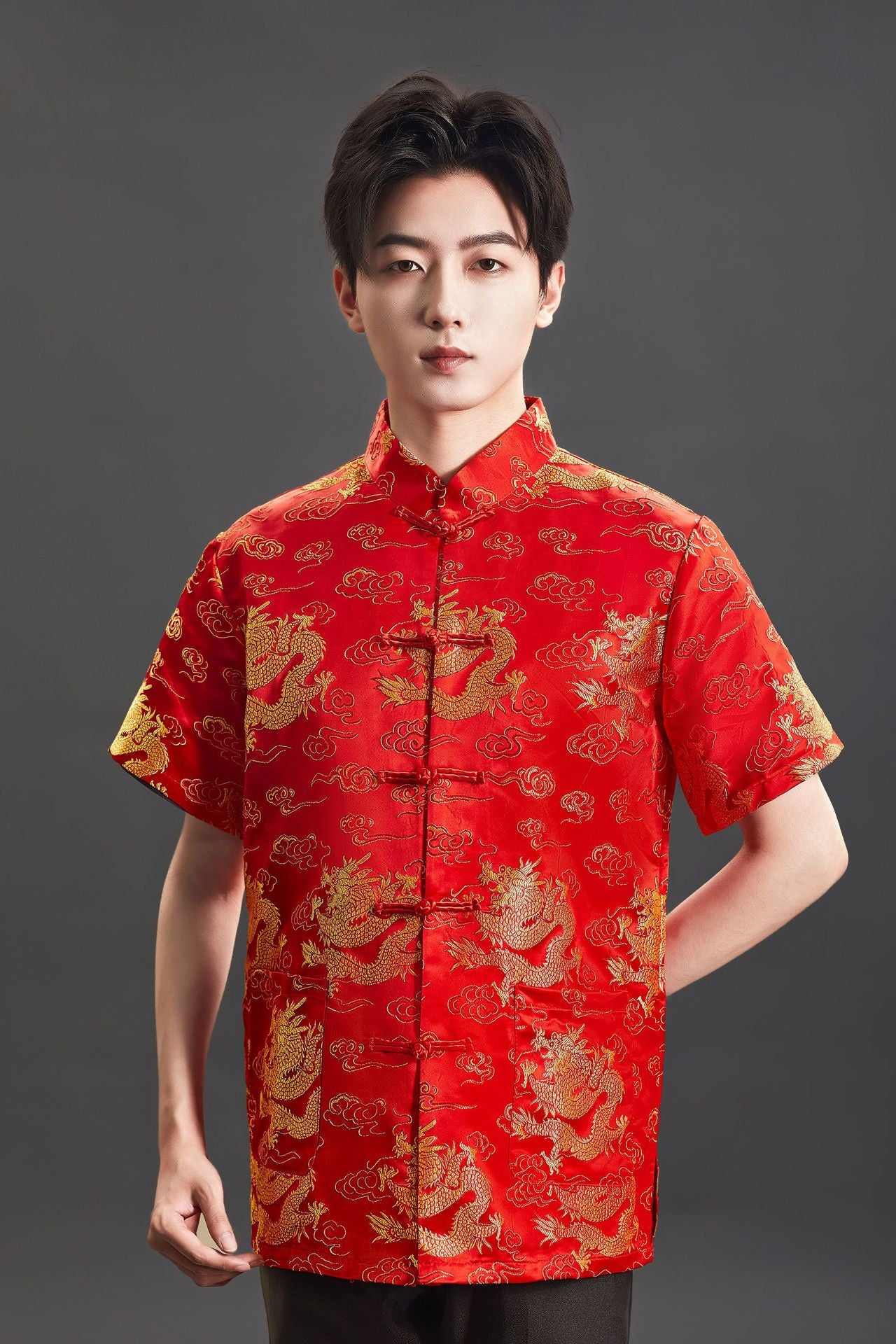 Chinese Traditional Red Tang Suit Top Mens Kung Fu Wedding Banquet Shirt