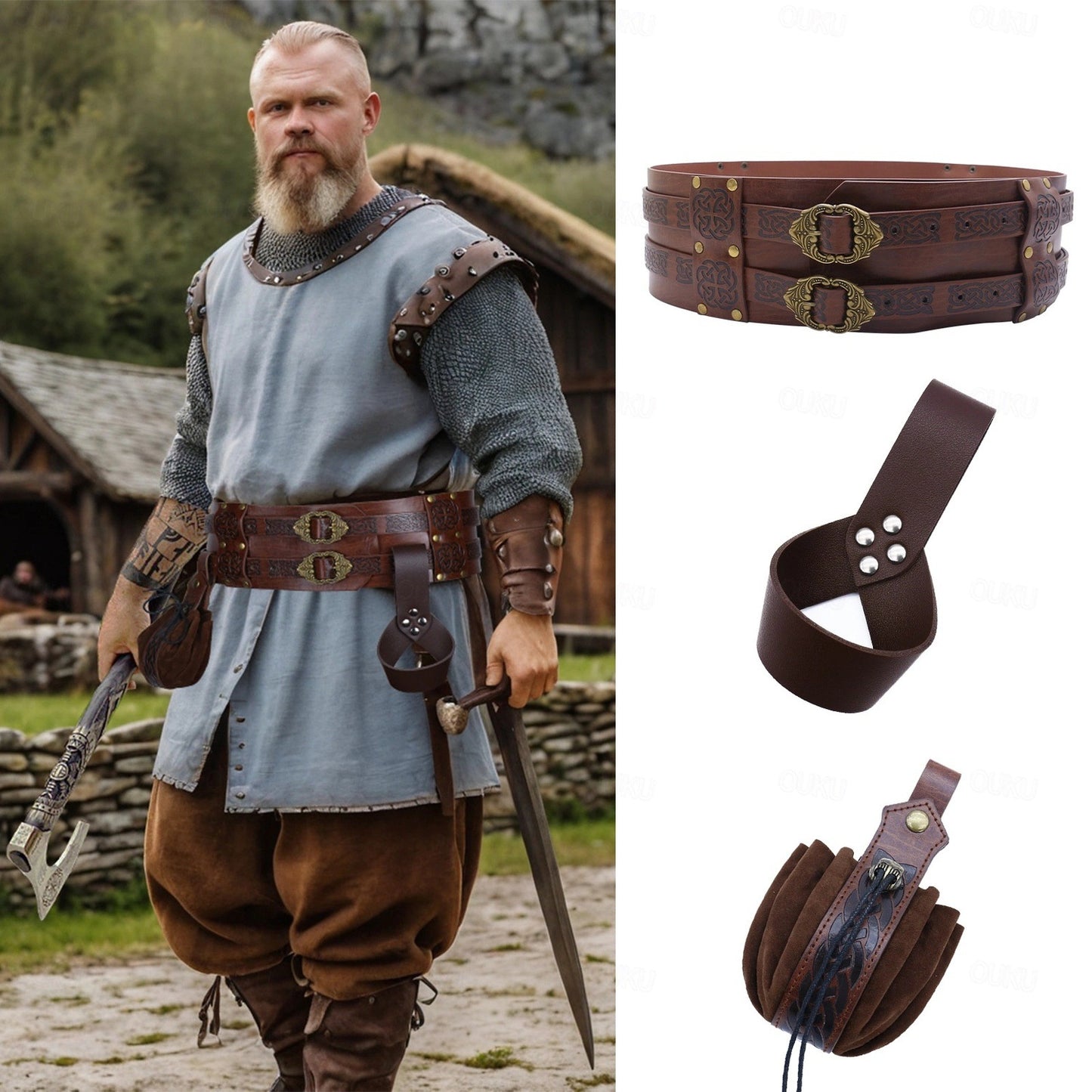 Medieval Viking Wide Belt Faux Leather Celtic Waist Belt LARP Cosplay Costume