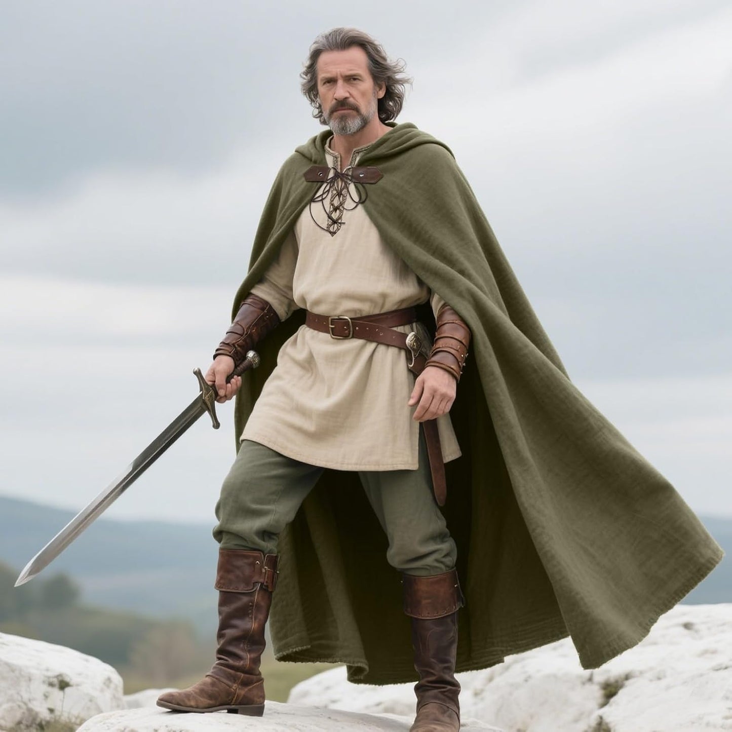 Medieval Ranger Cape Hooded Cloak Linen Shawl LARP Halloween Costume