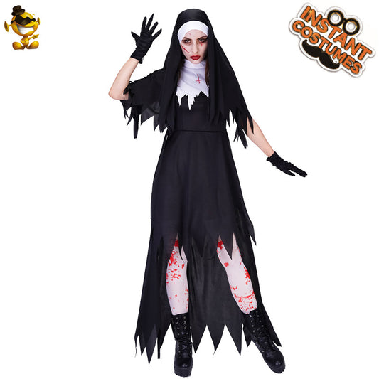 Halloween Adult Female Bloodstained Nun Long Skirt Suit Party Costume Cosplay Zombie Monk Costume