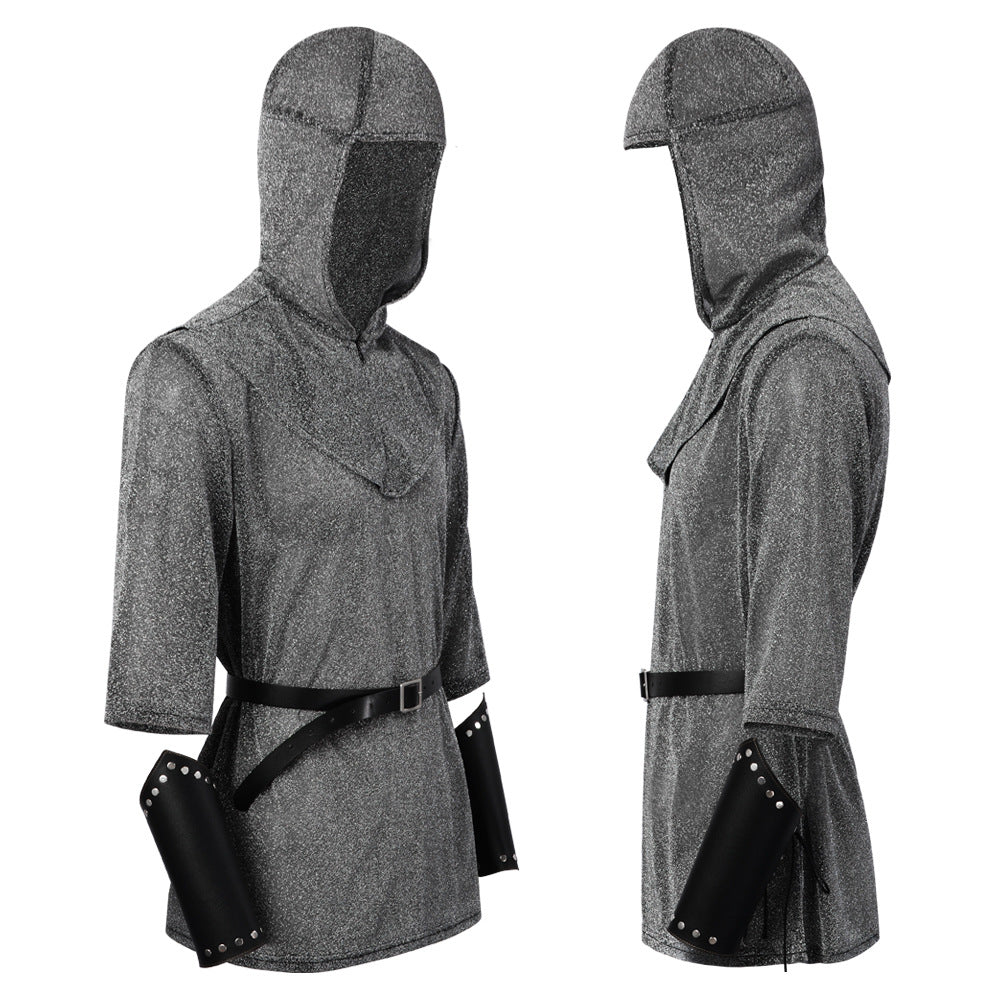 Medieval Knight Faux Chainmail Costume Mens Hood Tunic Belt Halloween LARP