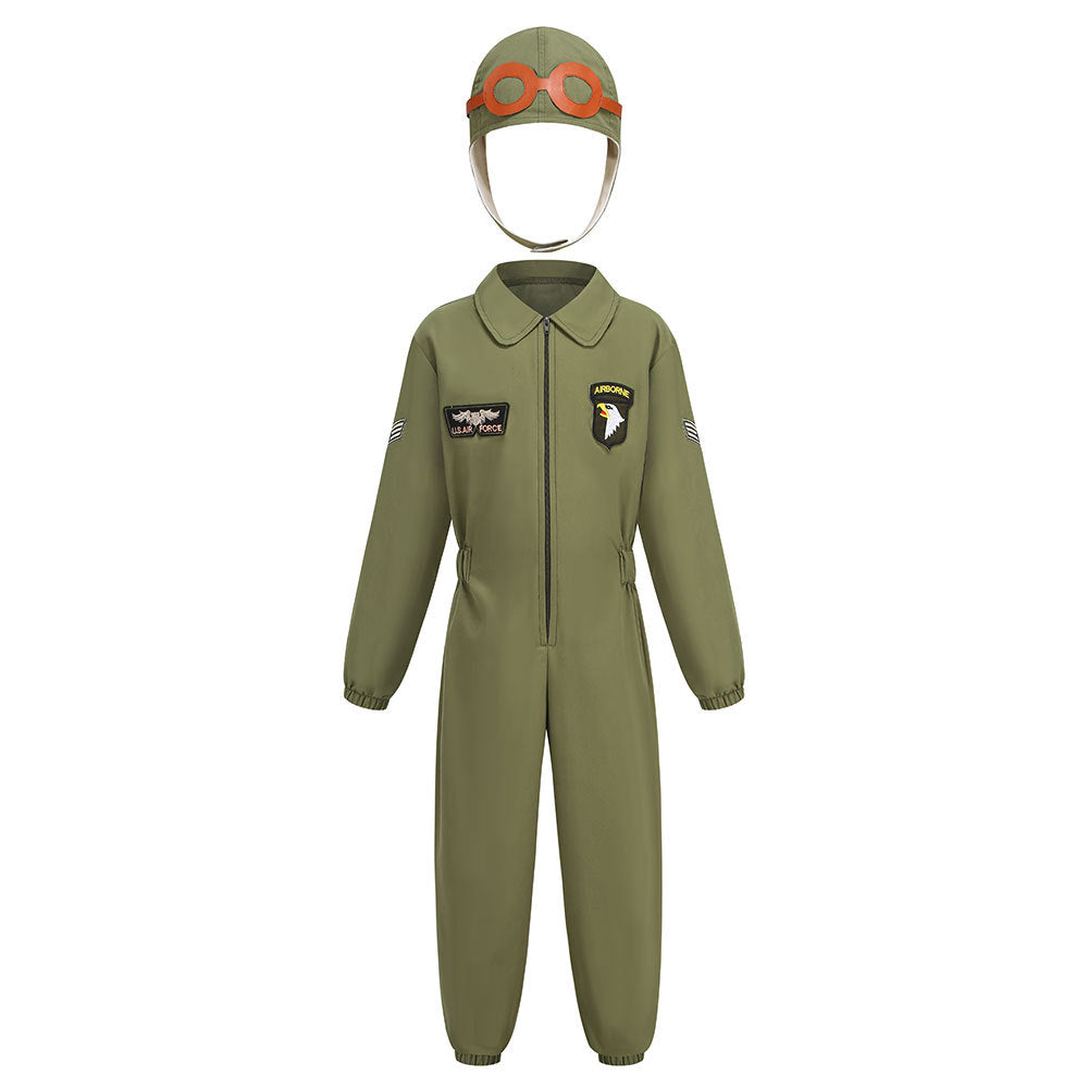 Kids Pilot Costume Flight Suit Air Force Uniform Boys Girls Aviator Cosplay Outfit