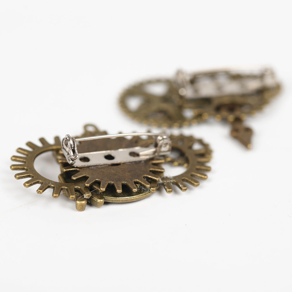 Steampunk Gear Wing Brooch Victorian Gothic Chain Lapel Pin Cosplay Accessory