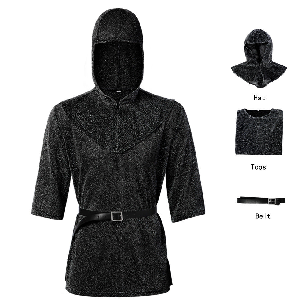 Medieval Knight Faux Chainmail Costume Mens Hood Tunic Belt Halloween LARP