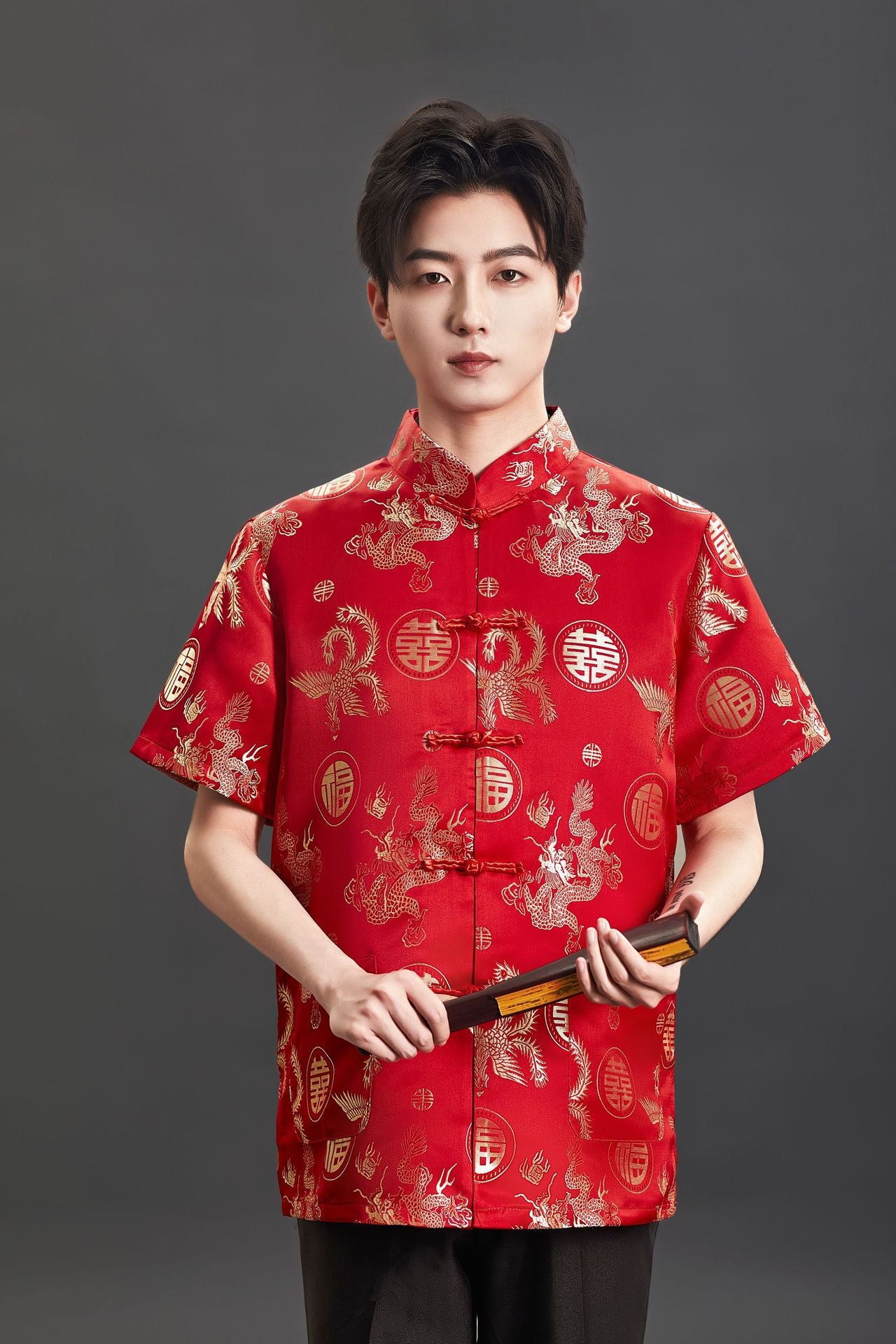 Chinese Traditional Red Tang Suit Top Mens Kung Fu Wedding Banquet Shirt
