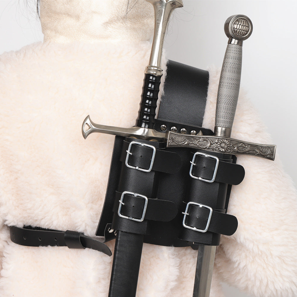 Medieval Double Sword Scabbard Harness PU Leather Knight LARP Back Holder