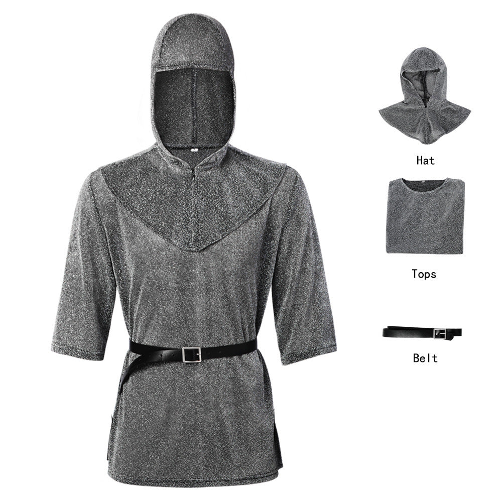 Medieval Knight Faux Chainmail Costume Mens Hood Tunic Belt Halloween LARP