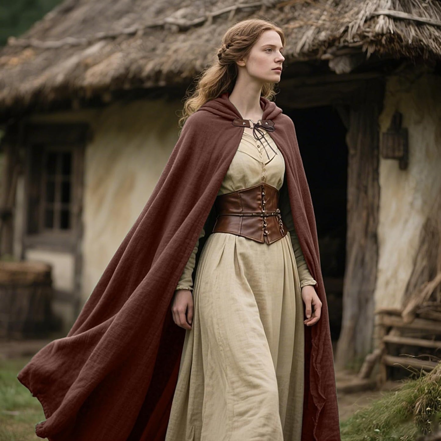 Medieval Ranger Cape Hooded Cloak Linen Shawl LARP Halloween Costume