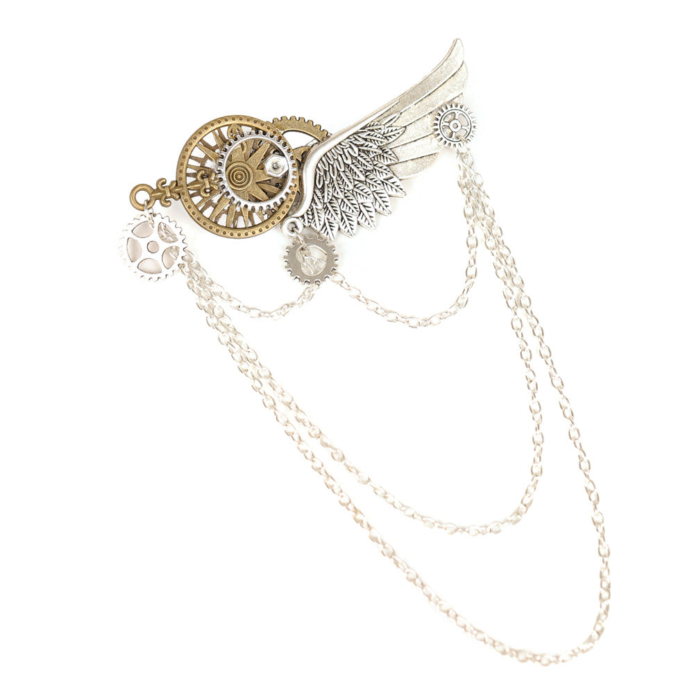 Steampunk Gear Wing Brooch Victorian Gothic Chain Lapel Pin Cosplay Accessory