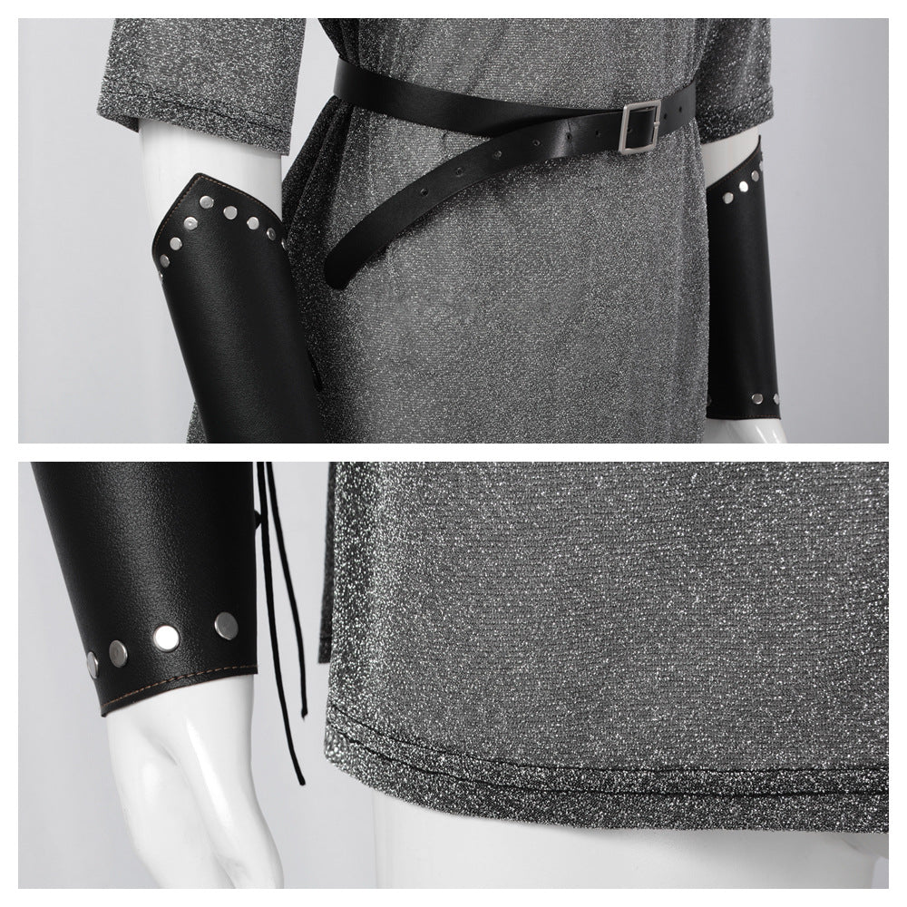 Medieval Knight Faux Chainmail Costume Mens Hood Tunic Belt Halloween LARP