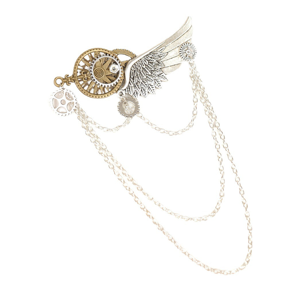 Steampunk Gear Wing Brooch Victorian Gothic Chain Lapel Pin Cosplay Accessory