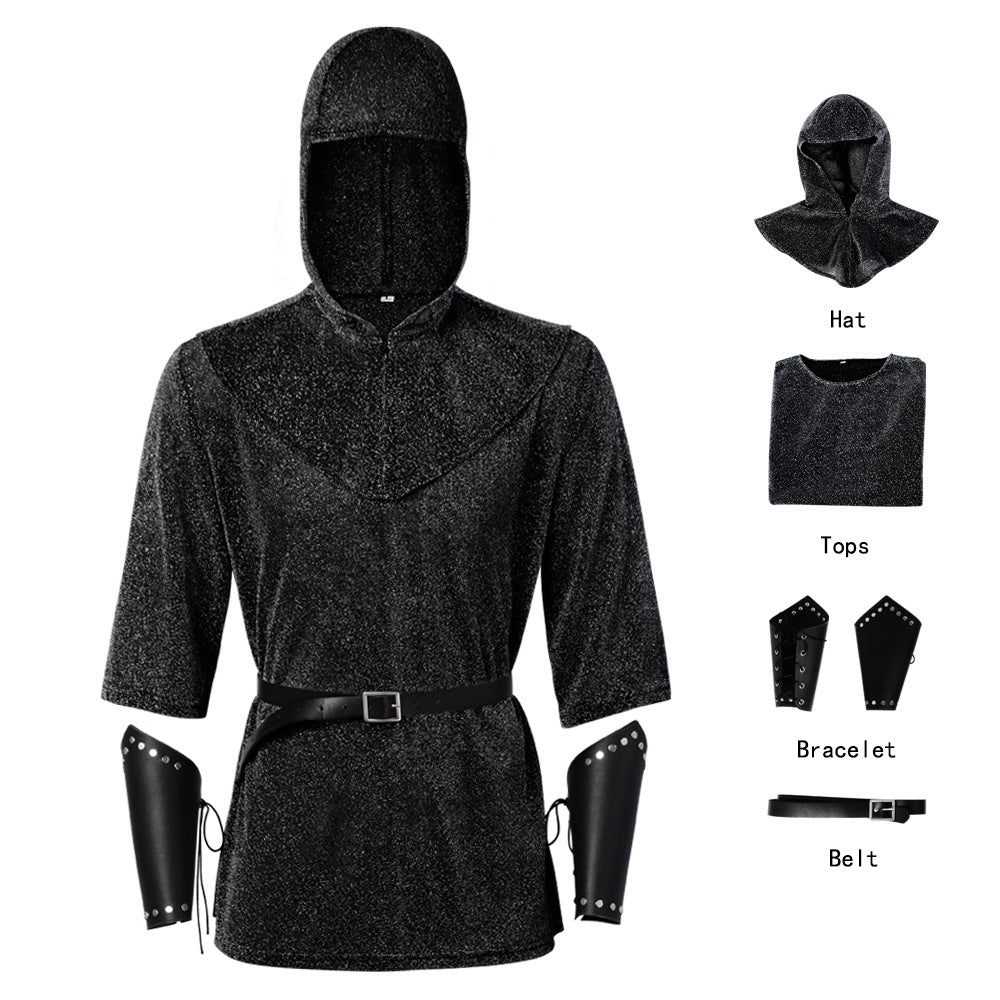 Medieval Knight Faux Chainmail Costume Mens Hood Tunic Belt Halloween LARP