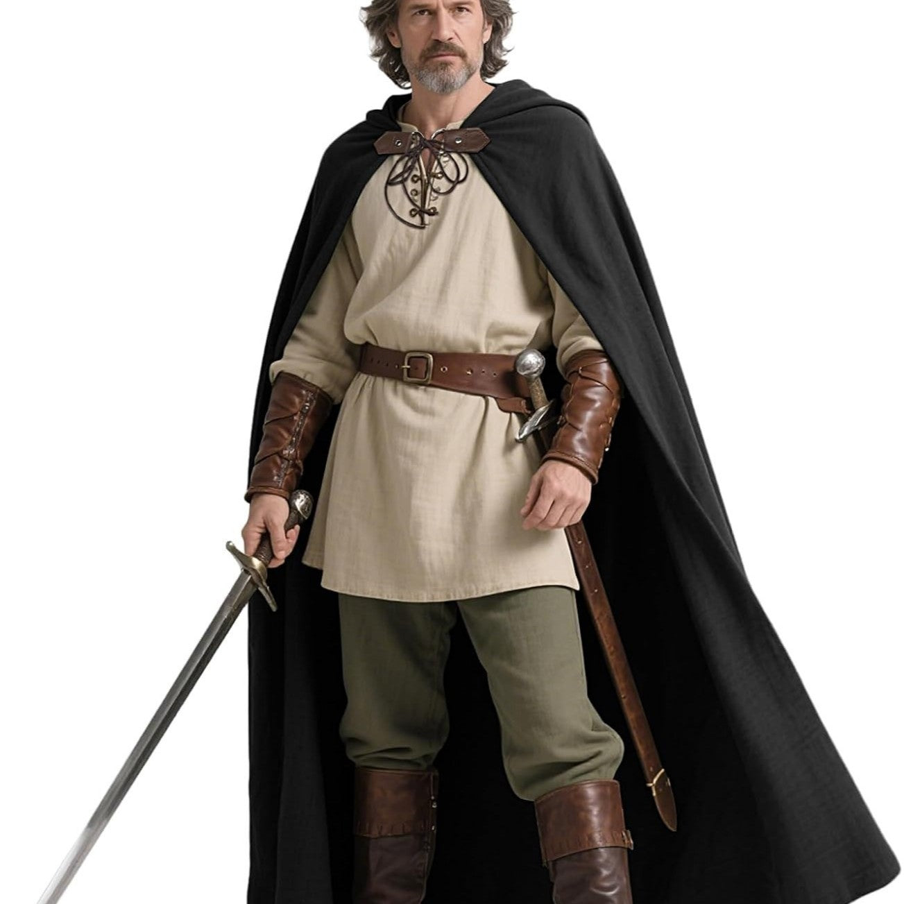 Medieval Ranger Cape Hooded Cloak Linen Shawl LARP Halloween Costume